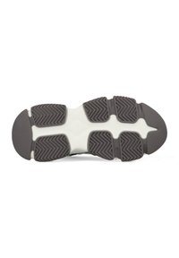 Semelle de chaussure avec un motif de traction en caoutchouc gris. Équipée d'un empeigne blanche au design courbé. Surface texturée pour une meilleure adhérence et stabilité.