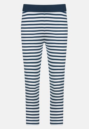 Leggings rayés bleu marine et blanc en tissu doux, avec une taille élastique et une coupe ajustée. Présente des rayures horizontales uniformes sur toute la surface.