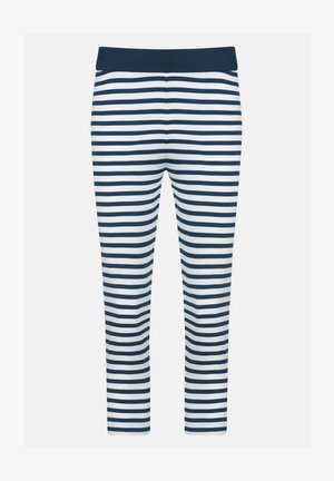 Marineblauwe en witte gestreepte leggings van een zachte stof, met een elastische tailleband en een getailleerde pasvorm. Kenmerkt zich door gelijkmatige horizontale strepen.
