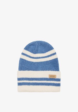 Pletená čiapka v modrej a bielej farbe s vodorovnými pruhmi, s ohnutým lemom a textúrovaným povrchom. Nálepka s logom na leme.