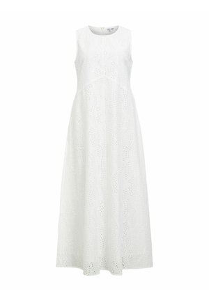 Varrukateta valge maksikleit ümmarguse kaelusega ja õõnespitssidega kogu kangal.