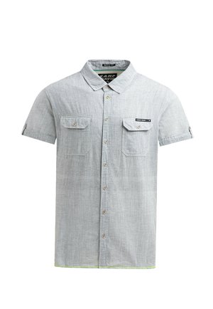 Light gray short-sleeve button-up shirt with two buttoned chest pockets and a small black tag on the right pocket.