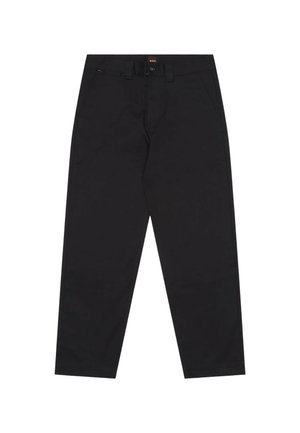 Pantaloni neri a gamba dritta con passanti per cintura, tasche laterali, chiusura con bottone e piccolo marchio "BOSS" sulla vita.