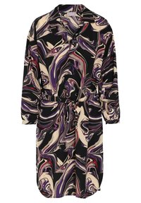 Dlouhé rukávy s páskem, šaty s límcem, zdobené abstraktním vzorem v černé, fialové, béžové a červené barvě s vířivým motivem.