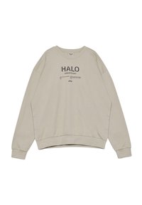 Felpa beige chiaro con scollo rotondo, spalle scese e polsini a coste. Presenta testo stampato in grigio scuro sul davanti.