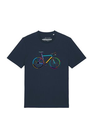 T-shirt bleu marine avec un motif coloré de vélo en contour centré sur la poitrine.