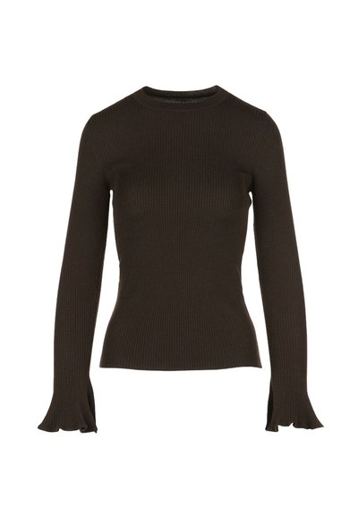 Maglione a coste di un marrone scuro, con maniche lunghe e polsini a svaso. Texture a coste su tutta la superficie, design con collo alto.