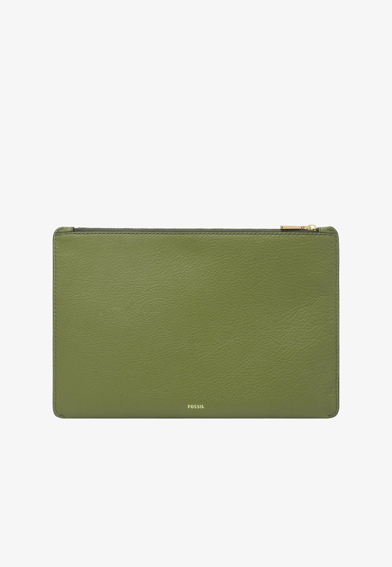 Green leather wallet with a smooth texture, zip closure, and embossed logo. Rectangular shape with clean lines and minimalistic design.