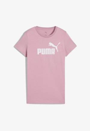 Rožinė medvilninė marškinėliai su apvalia iškirpte ir trumpomis rankovėmis, priekyje esantis baltas „PUMA“ logotipas ir šuoliuojančio pumos siluetas.