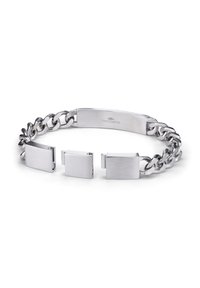 Armband aus Silber-Edelstahl mit Kettendesign, flachen rechteckigen Gliedern und drei Akzentstücken, glatte Oberfläche und polierte Ausführung.