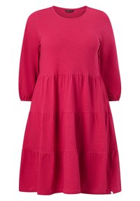 Langärmliges, gestuftes Kleid in leuchtendem Pink. Mit rundem Ausschnitt und weichem Stoff mit glatter Textur. Luftiges Design ohne Verzierungen.