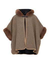 Ruskea houndstooth-viitta, jossa on tekoturkiskaarroke ja -hihoja, musta vuori ja edessä solki. Pehmeä rakenne ja ylisuurimuotoinen muotoilu.