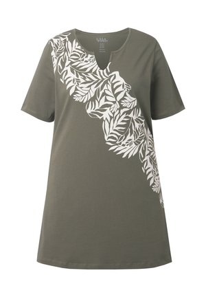 Olive green short-sleeve tunic top with white diagonal tropical leaf print and small V-notch neckline.