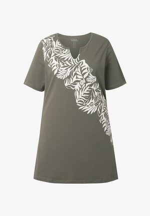 Olivgrünes Tunika-Top mit kurzen Ärmeln, weißem diagonalen tropischen Blattmuster und kleinem V-förmigen Ausschnitt.