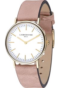 Runde Uhr mit weißem Zifferblatt, goldenen Stundenmarkierungen und Zeigern. Verfügt über ein weiches, rosa Lederarmband und ein Gehäuse aus vergoldetem Metall.