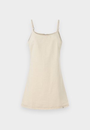 Beige, ærmeløs kjole med justerbare spaghetti-stropper, en lige udskæring og en flared bund. Fremstillet af et blødt, åndbart stof.