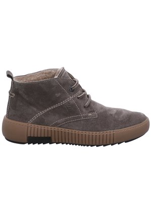 Grey suede ankle boots with a textured surface, padded collar, and contrasting tan rubber sole. Features lace-up design and stitching details.