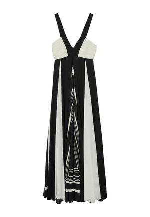 Robe maxi sans manches noire et blanche avec un décolleté en V profond, un buste blanc plissé et des panneaux à rayures verticales sur une jupe fluide.