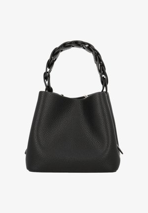 Geantă tote din piele neagră cu finisaj texturat, prevăzută cu un mâner gros împletit și accesorii argintii. Deschidere superioară cu design moale și lejer.