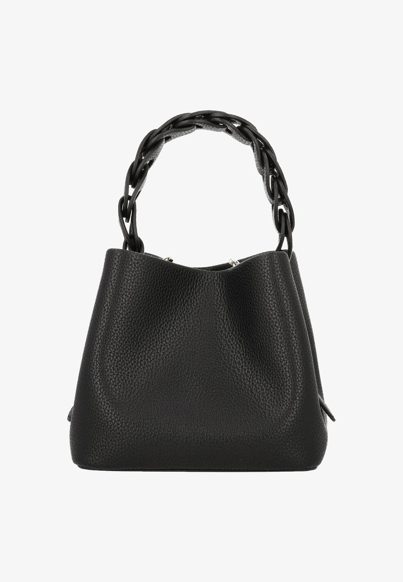 Schwarze Ledertasche mit strukturierter Oberfläche, ausgestattet mit einem dicken geflochtenen Griff und silberfarbenen Hardware-Elementen. Offene Oberseite mit weichem, lässigem Design.