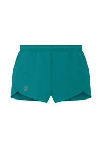 Shorts de sport bleu sarcelle avec une taille élastique, deux poches latérales et un petit logo réfléchissant sur la jambe gauche.