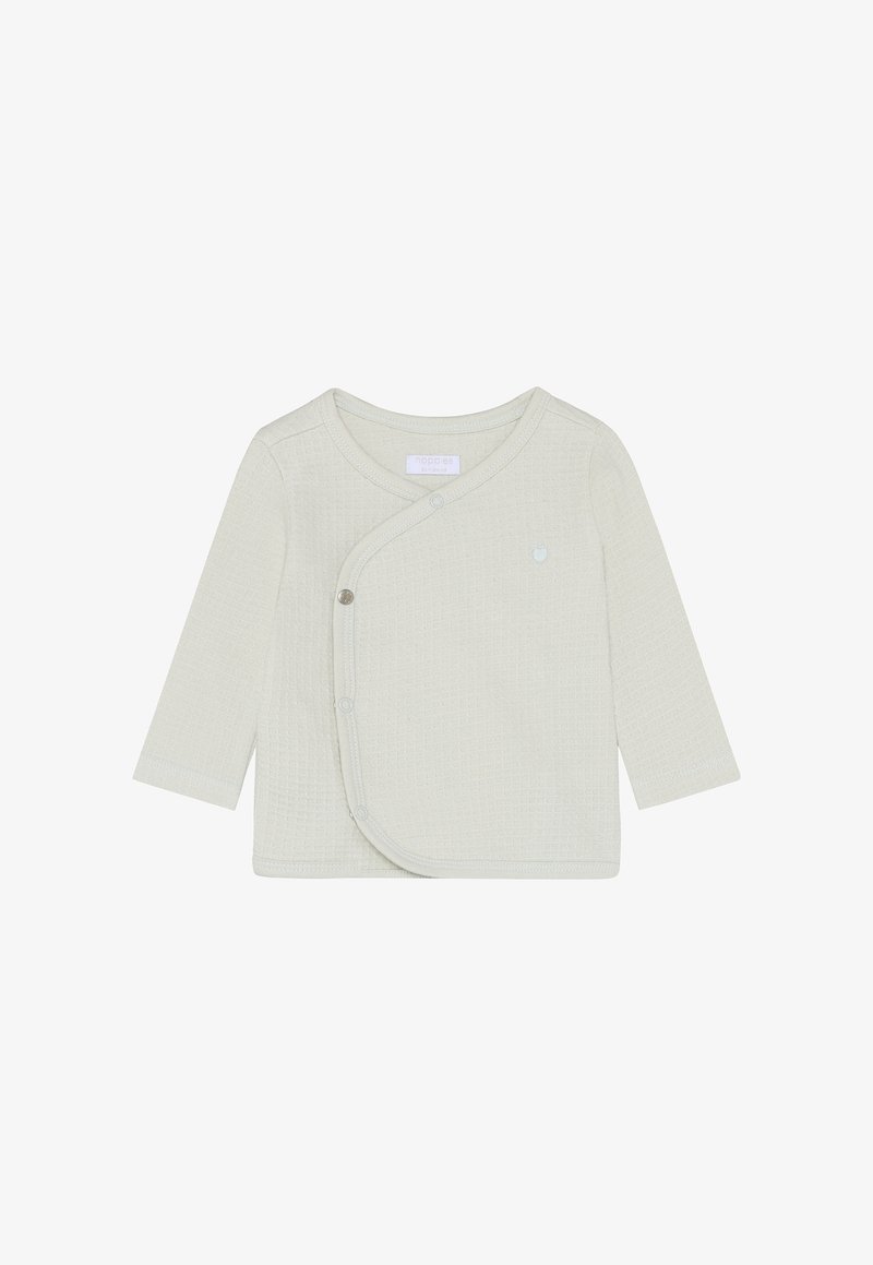 Baby cremefarvet, langærmet omslagsbluse med struktureret stof og trykknapper på venstre forside.