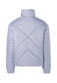 Giubbotto corto imbottito in materiale trapuntato azzurro chiaro con collo alto e polsini elasticizzati. Presenta una cucitura a forma di diamante.