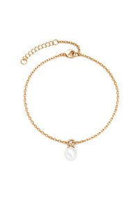 Bracciale in oro con un pendente di perla bianca, dotato di una chiusura e catena regolabile per personalizzare la taglia.