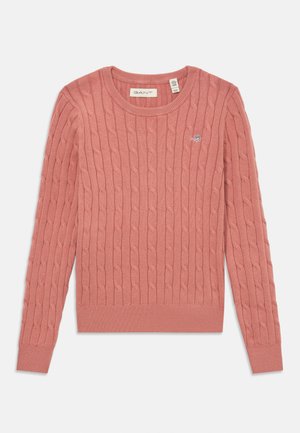 Suéter de punto trenzado en suave color rosa, con cuello redondo y puños acanalados. Incluye un pequeño logo bordado en el pecho.