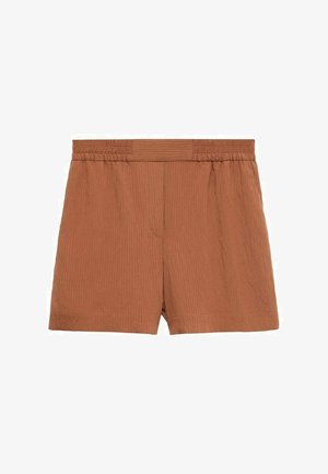 Hnědé, texturované šortky s uvolněným střihem, elastickým pásem a jednoduchým designem. Mají jednobarevný vzhled bez viditelných vzorů nebo akcentů.