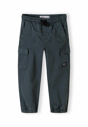 Pantalons cargo gris foncé avec une taille élastique, cordon de serrage ajustable et poches latérales. Comprend des poignets fuselés et un patch sur la jambe.