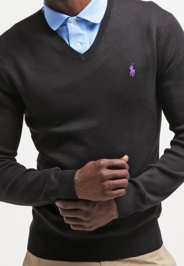 Pull noir à col en V en maille fine avec des poignets côtelés, associé à une chemise à col bleu clair en dessous. Logo violet sur la poitrine.
