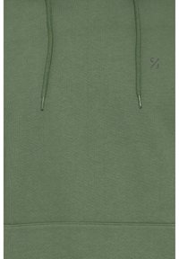 Olive green hoodie featuring a textured fabric, drawstrings, and embroidered logo on the chest. Simple design with a kangaroo pocket.