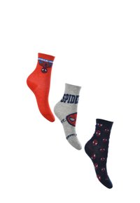 Drei Paar Socken: ein rotes Paar mit Spider-Man-Design, ein graues mit Text und ein marineblaues mit wiederholten Spider-Man-Logos, alle aus strukturiertem Stoff.