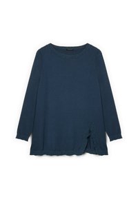 Marineblauer Pulli mit langen Ärmeln und Rundhalsausschnitt, strukturiertem Zierdekor am Kragen und an den Ärmeln sowie einer seitlichen Schlitzsaum-Detail. Weicher, gestrickter Stoff.