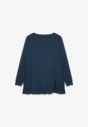 Maglione navy a maniche lunghe con colletto girocollo, rifiniture texturizzate attorno al colletto e alle maniche, e dettagli con spacchi laterali all'orlo. Tessuto morbido a maglia.