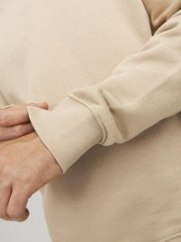 Sudadera beige con puños acanalados, que presenta una textura suave y un corte relajado. La tela parece lisa con detalles de costura mínimos.