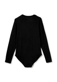 Černý bodysuit s dlouhým rukávem a kulatým výstřihem, vyrobený z elastického materiálu. Zadní část má hladký povrch a úzký, přiléhavý tvar.