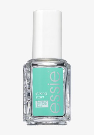 Base coat Essie Strong Start dans un flacon en verre transparent avec un bouchon blanc et une étiquette vert menthe.