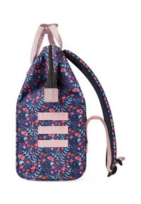Floral backpack with a navy background, featuring pink accents, three horizontal straps, and a zip closure. Made of durable fabric.