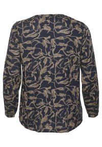 Marine blouse met lange mouwen, met een beige bloemenpatroon, ronde halslijn en een losse pasvorm. Lichtgewicht, gestructureerde stof.