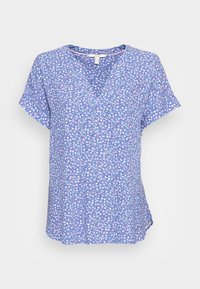 Blå V-hals kortærmet bluse med små hvide og rosa blomsterprint, løs pasform og Esprit mærke indeni kraven.
