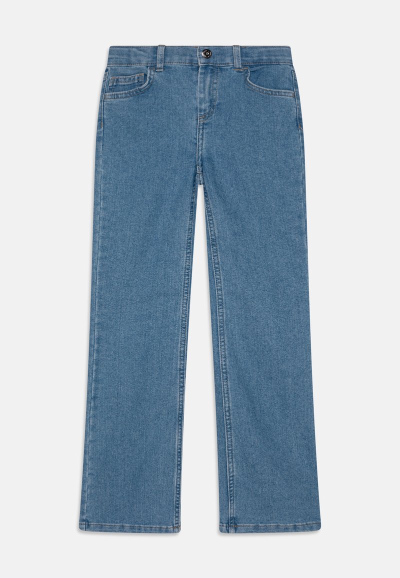 Svetlo modri kavbojki z ravnim krojem, ki imajo pet žepov, sprednjo gumbasto zapiranje in kontrastne šive.