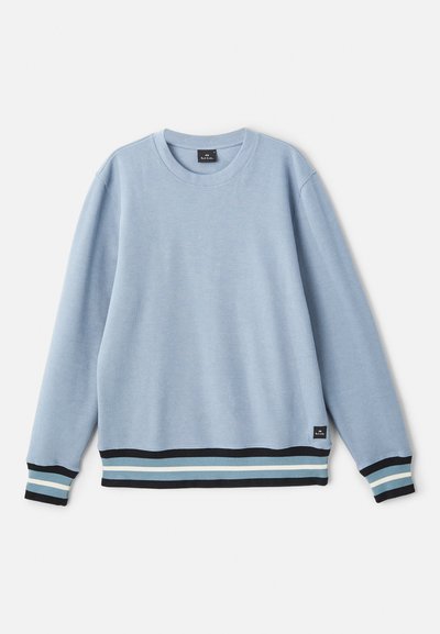 Lyseblå hettegenser med lange ermer, rillete tekstur og stripete kant med marineblå, lyseblå og hvite detaljer.