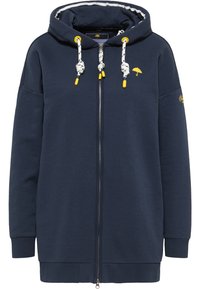 Mörkblå huvtröja med dragkedja, med ett vitt och mörkblått randigt innerfoder, justerbara gula dragsnören och ribbade muddar.