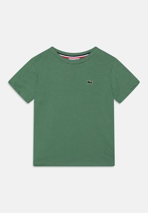 Zielona koszulka z krótkim rękawem i okrągłym dekoltem, z małym haftowanym logo krokodyla na lewej piersi oraz paskowanym wykończeniem wewnętrznego kołnierzyka.