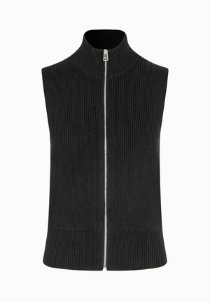 Gilet nero senza maniche lavorato a maglia con colletto alto, dotato di zip frontale e texture a costine. Finitura liscia all'orlo.
