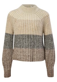 Maglione a coste beige, marrone e grigio. Maniche svasate e collo alto con righe orizzontali. Tessuto morbido e vestibilità comoda.