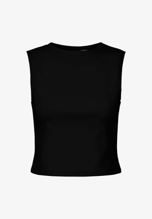 Sort ærmeløs top med rund halsudskæring, tætsiddende design og glat tekstur. Kort nederdel uden karakteristiske mønstre eller detaljer.