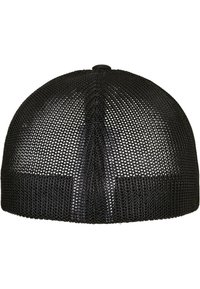 Black mesh cap with a structured fit. Features a closed top, breathable mesh design, and an adjustable strap at the back for sizing.